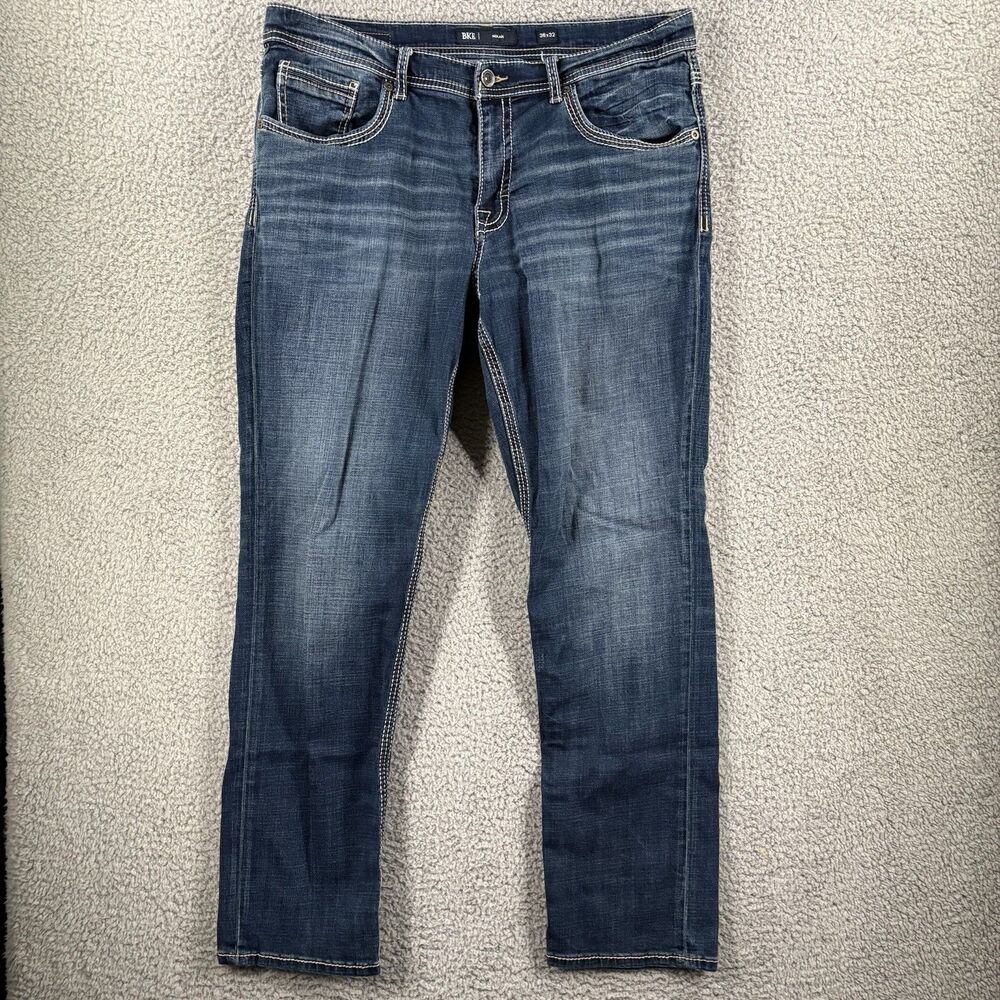 BKE Nolan Jeans Men's Size 36x32 Blue Dark Wash Straight Leg Denim Pants Buckle